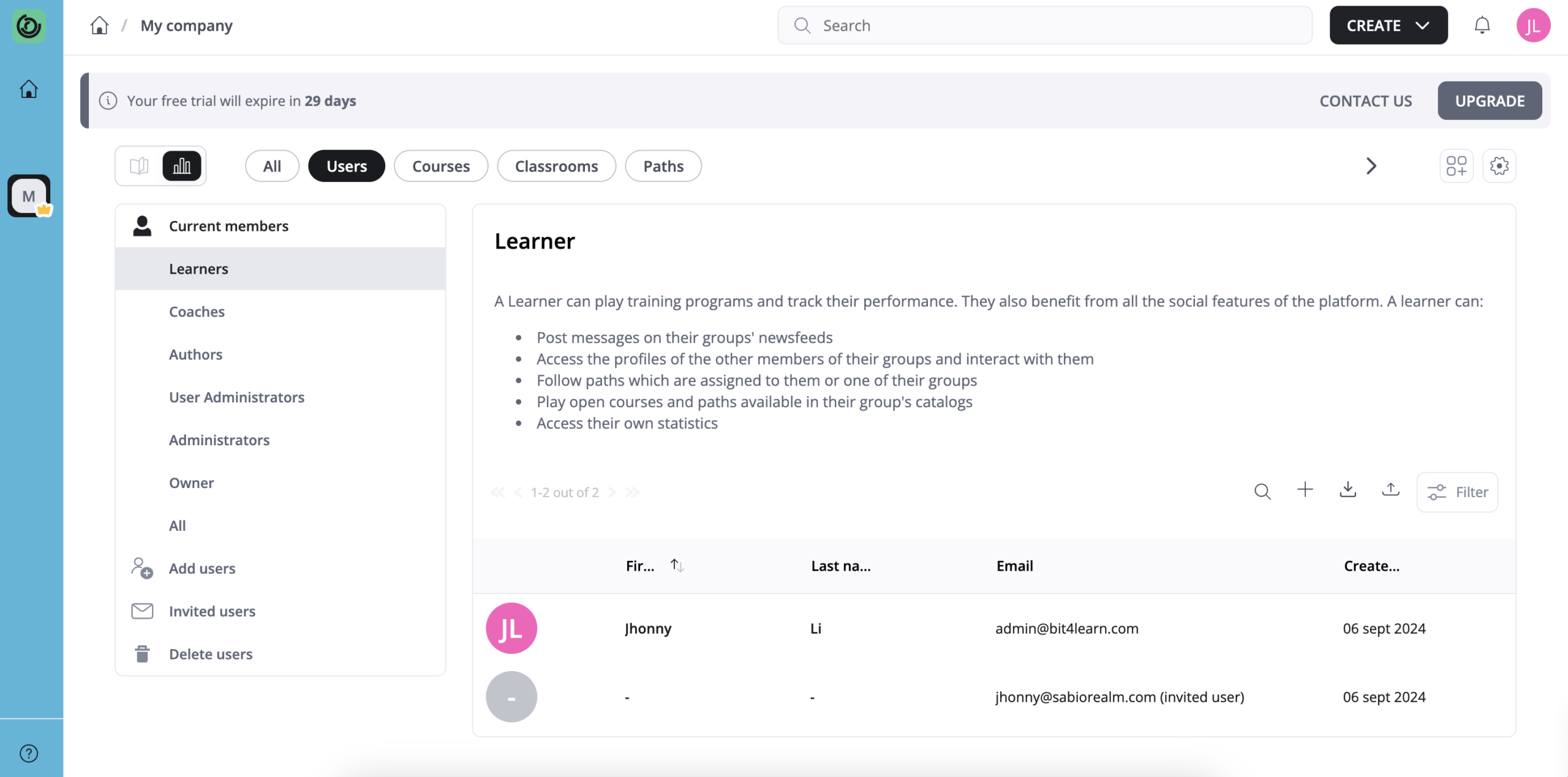 como es la creacion de usuarios en 360learning